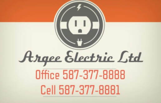 Argee Electric Ltd’s original business card — cream and orange with the outlet-and-bolt badge